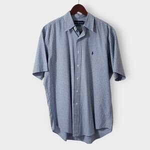 Ralph Lauren Mens Blue Check‎ Plaid Button Down Shirt Classic Fit Short Sleeve L
